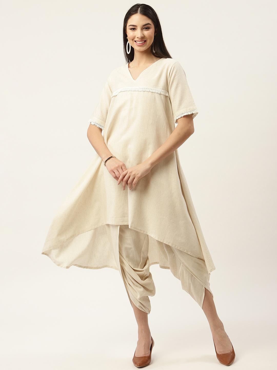 

FABNEST Women Cream-Coloured Pure Cotton Kurta with Dhoti Pants