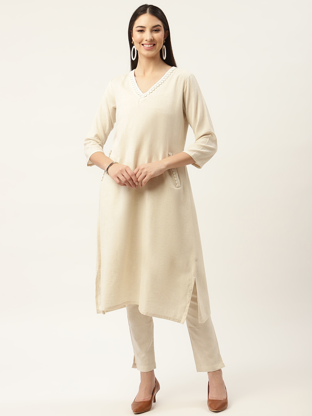 

FABNEST Women Cream-Coloured Pure Cotton Kurta with Trousers