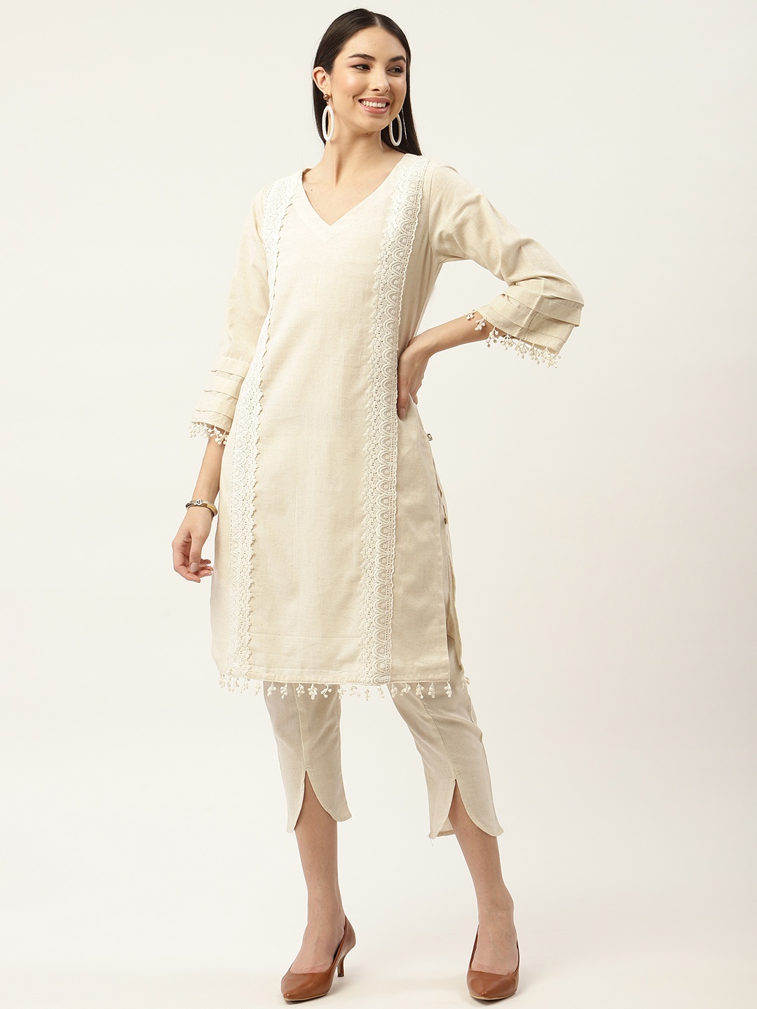 

FABNEST Women Cream-Coloured Panelled Lace Detail Pure Cotton Kurta with Trousers