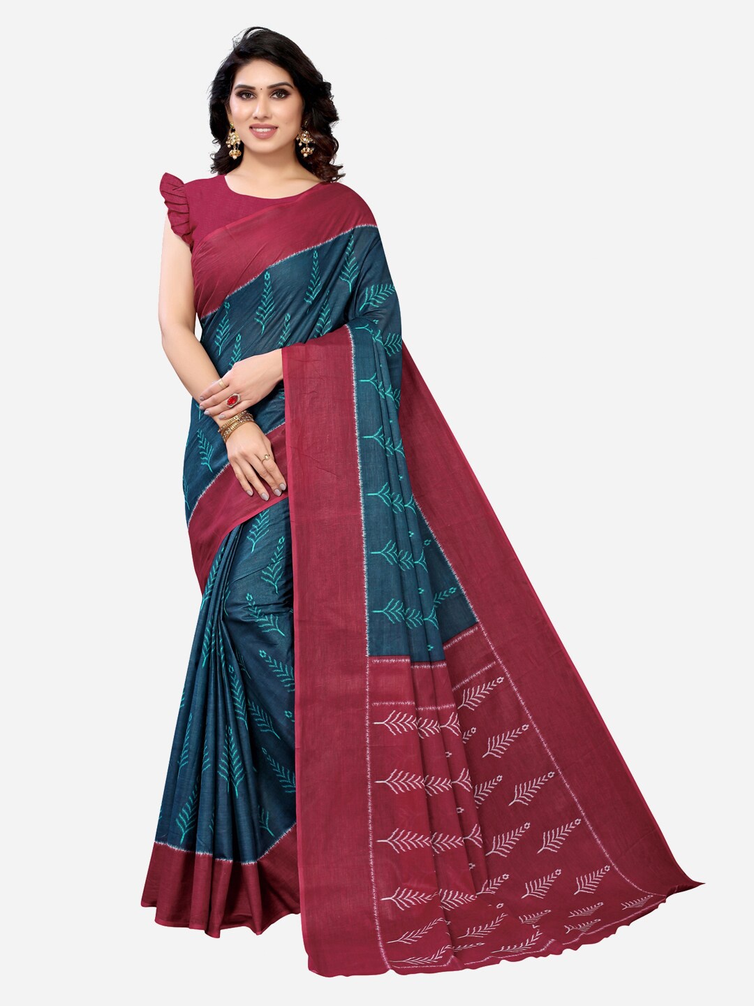 

Satrani Blue & Maroon Floral Polycotton Saree