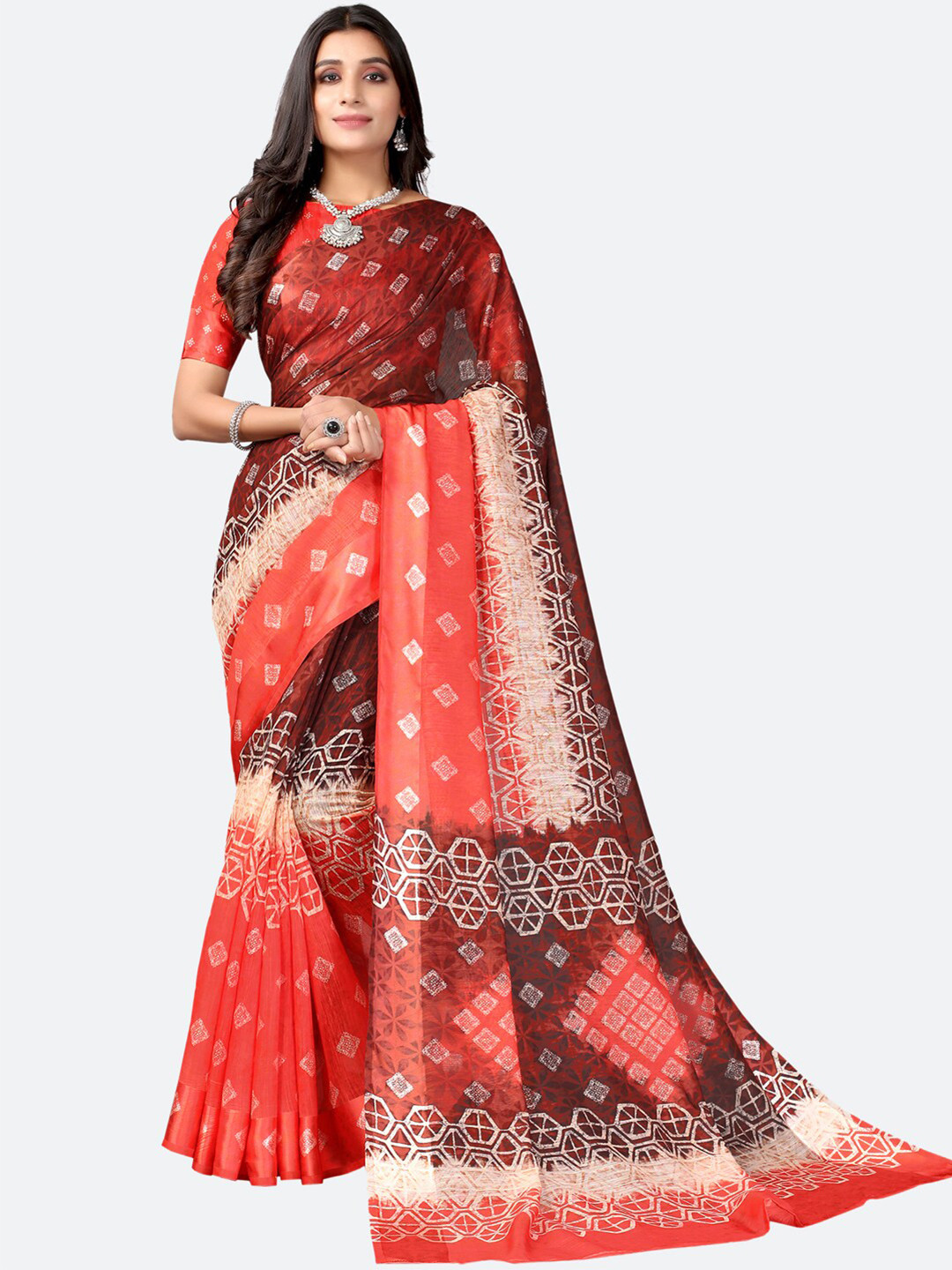 

Satrani Brown & Red Ethnic Motifs Saree
