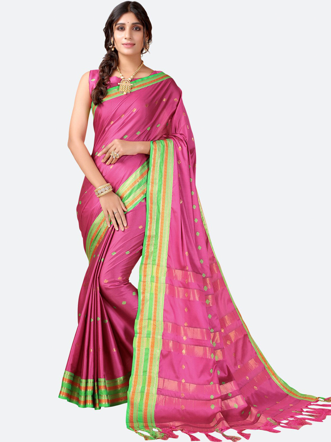 

Satrani Pink & Green Woven Design Zari Narayan Peth Saree