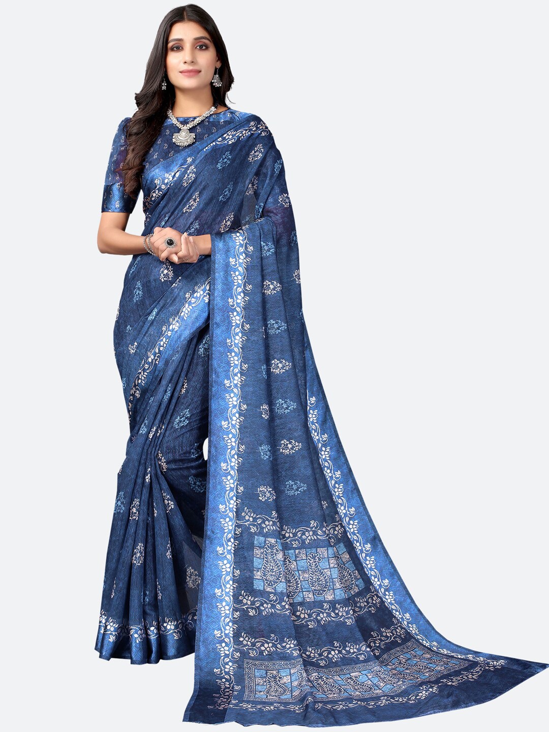 

Satrani Navy Blue & White Ethnic Motifs Printed Saree