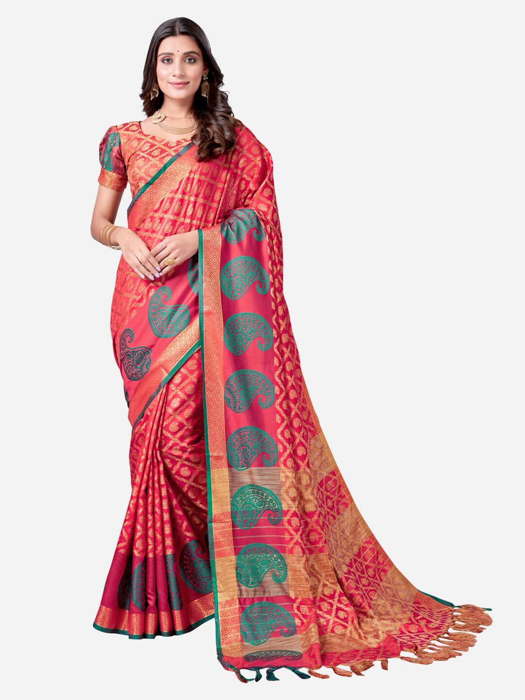 

Satrani Red & Gold-Toned Woven Design Zari Gadwal Saree
