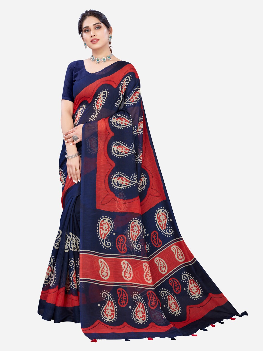 

Satrani Navy Blue & Orange Ethnic Motifs Polycotton Saree