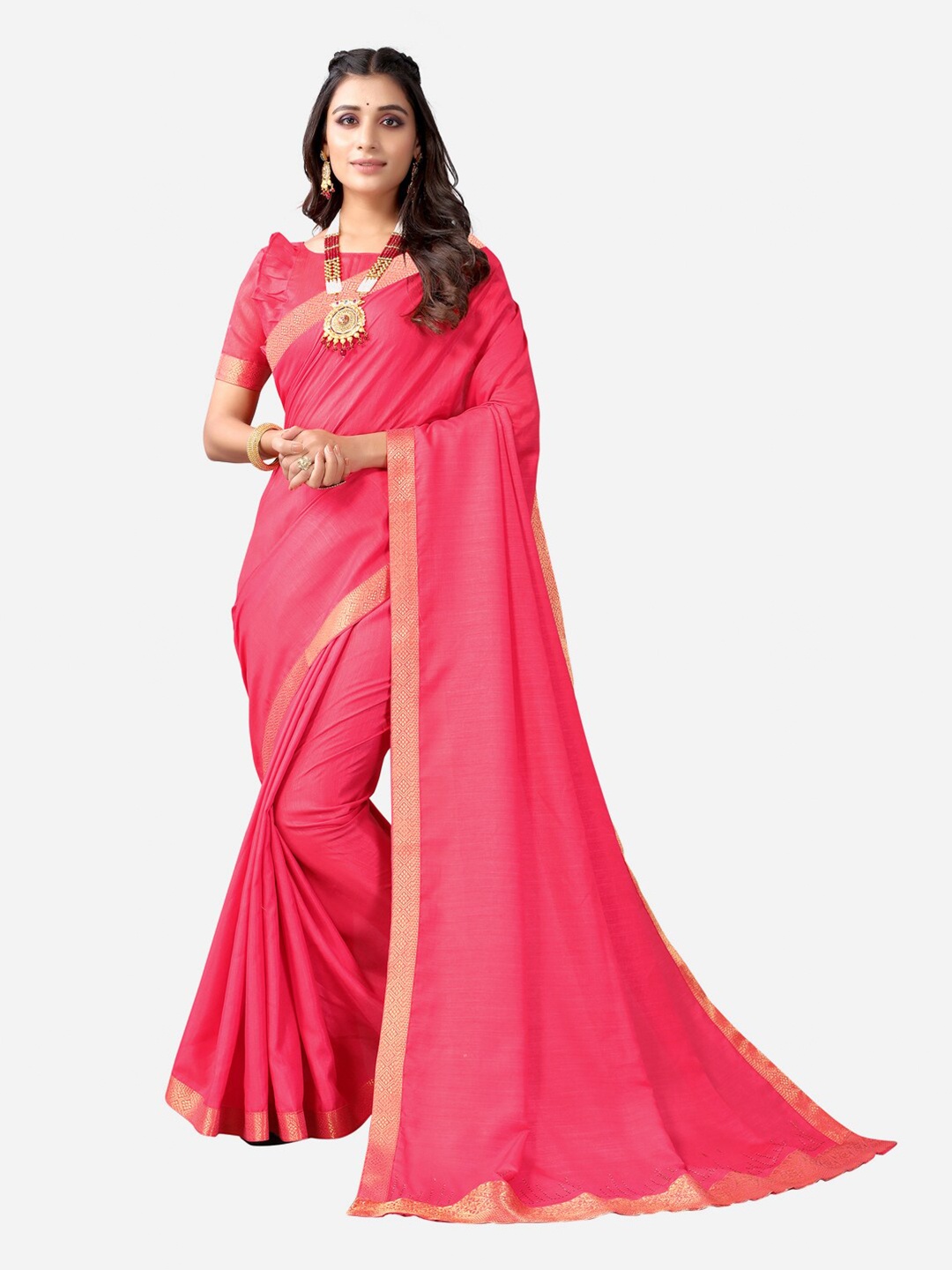 

Satrani Pink & Gold-Toned Mukaish Border Saree