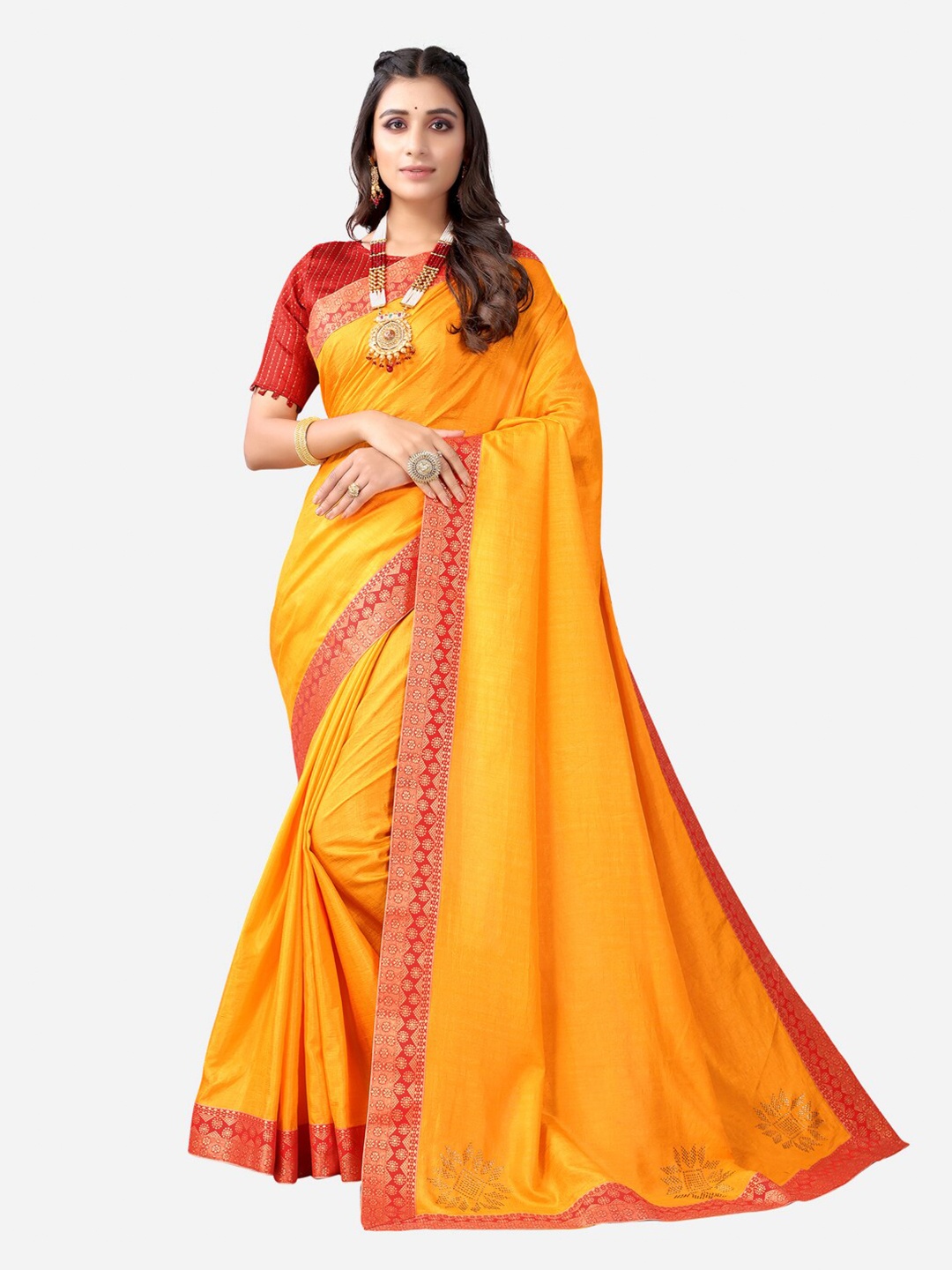 

Satrani Yellow & Red Ethnic Motifs Mukaish Saree