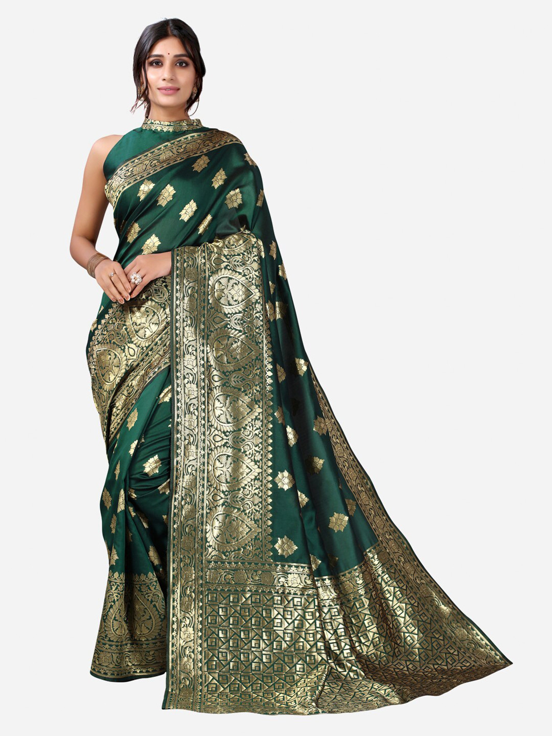 

Satrani Green & Golden Woven Design Zari Kanjeevaram Saree