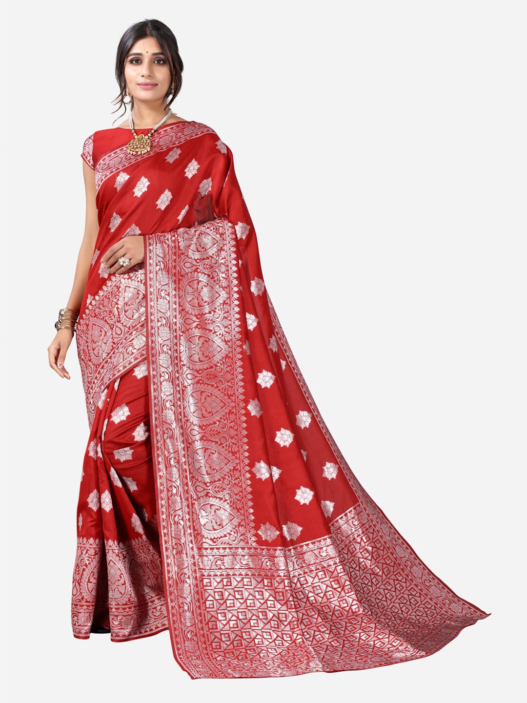 

Satrani Red & Silver Woven Design Zari Kanjeevaram Saree