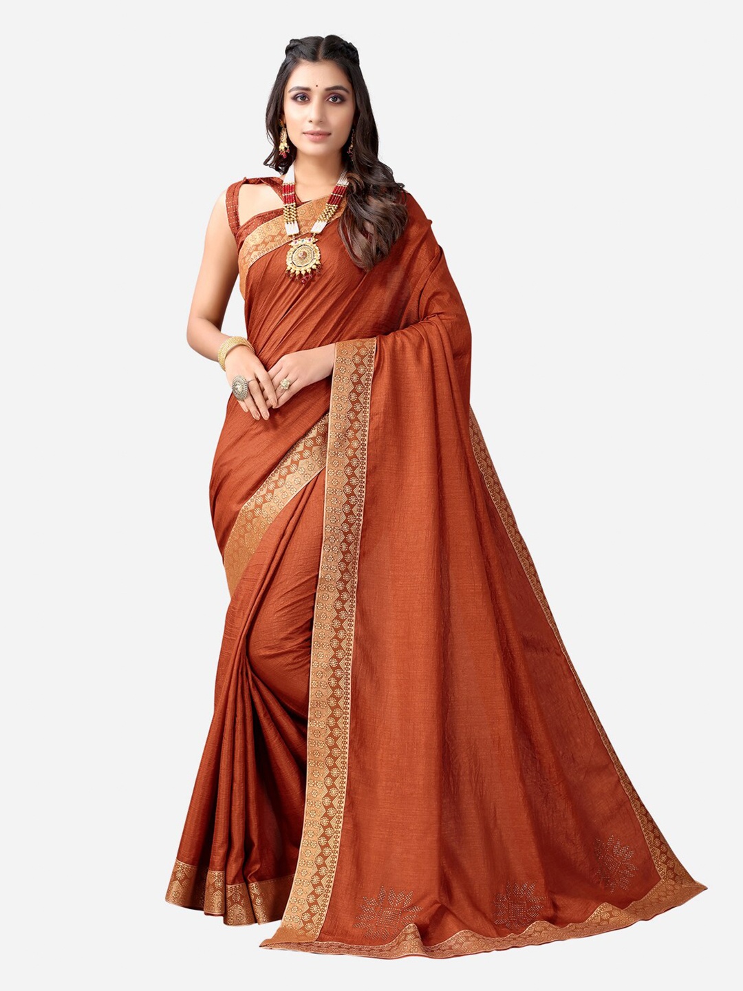 

Satrani Rust & Gold-Toned Woven Design Saree