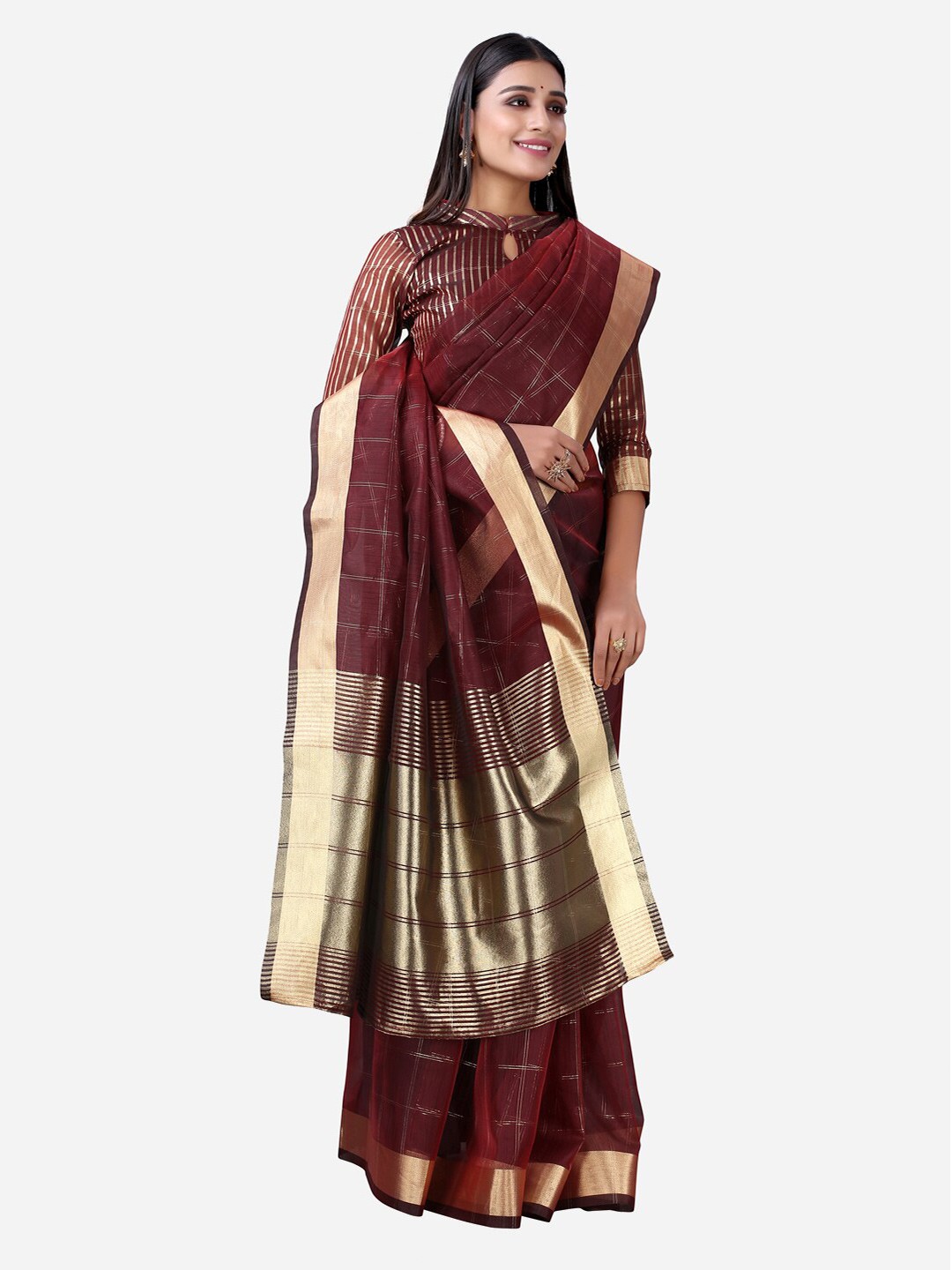 

Satrani Maroon & Gold-Toned Checked Organza Saree