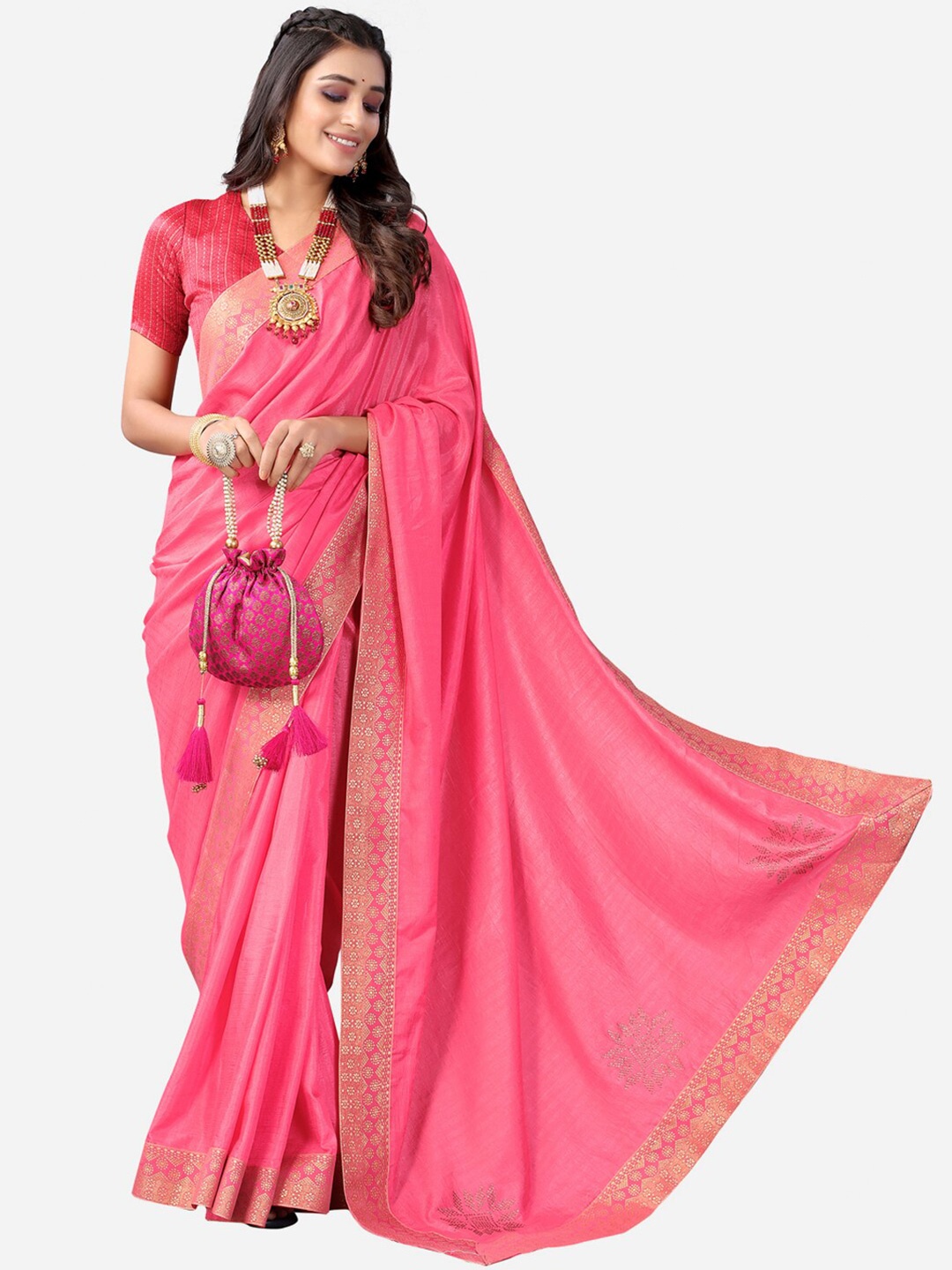 

Satrani Pink & Golden Solid Saree