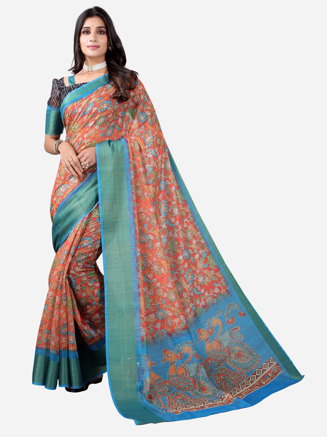 

Satrani Red & Blue Ethnic Motifs Cotton Saree