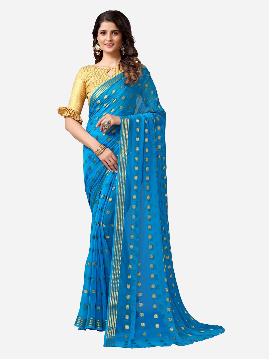 

Satrani Blue & Gold-Toned Woven Design Saree