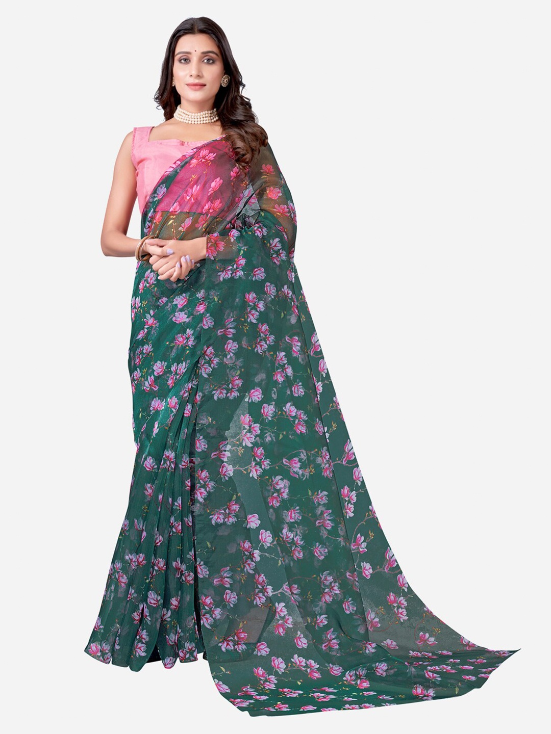

Satrani Green & Pink Floral Organza Saree