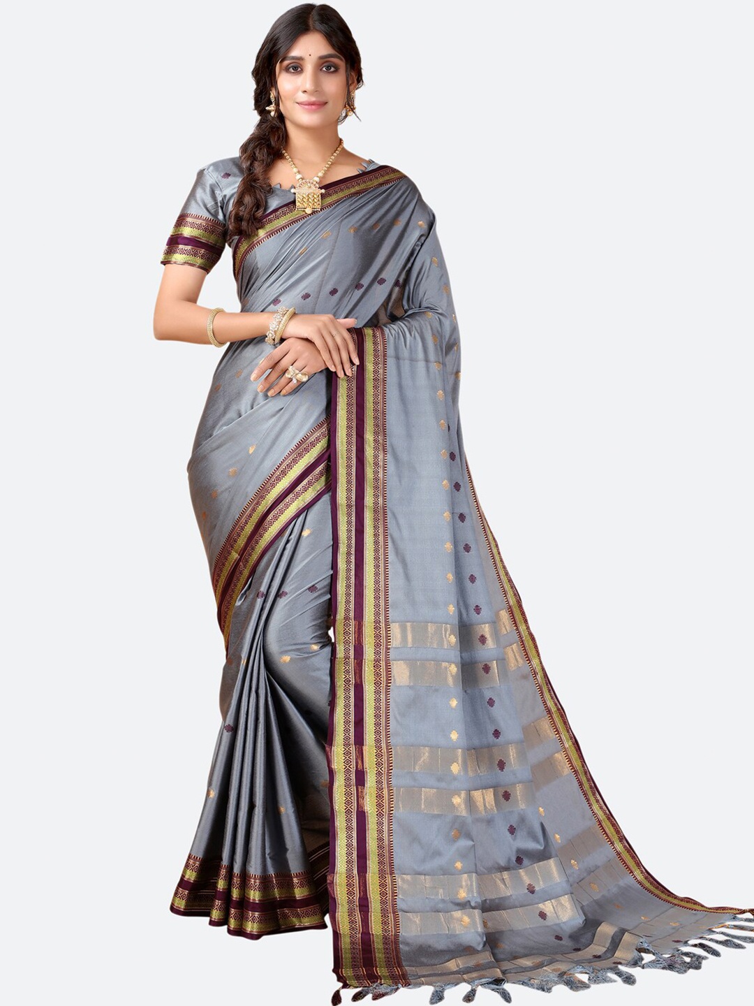 

Satrani Grey & Golden Woven Design Zari Narayan Peth Saree