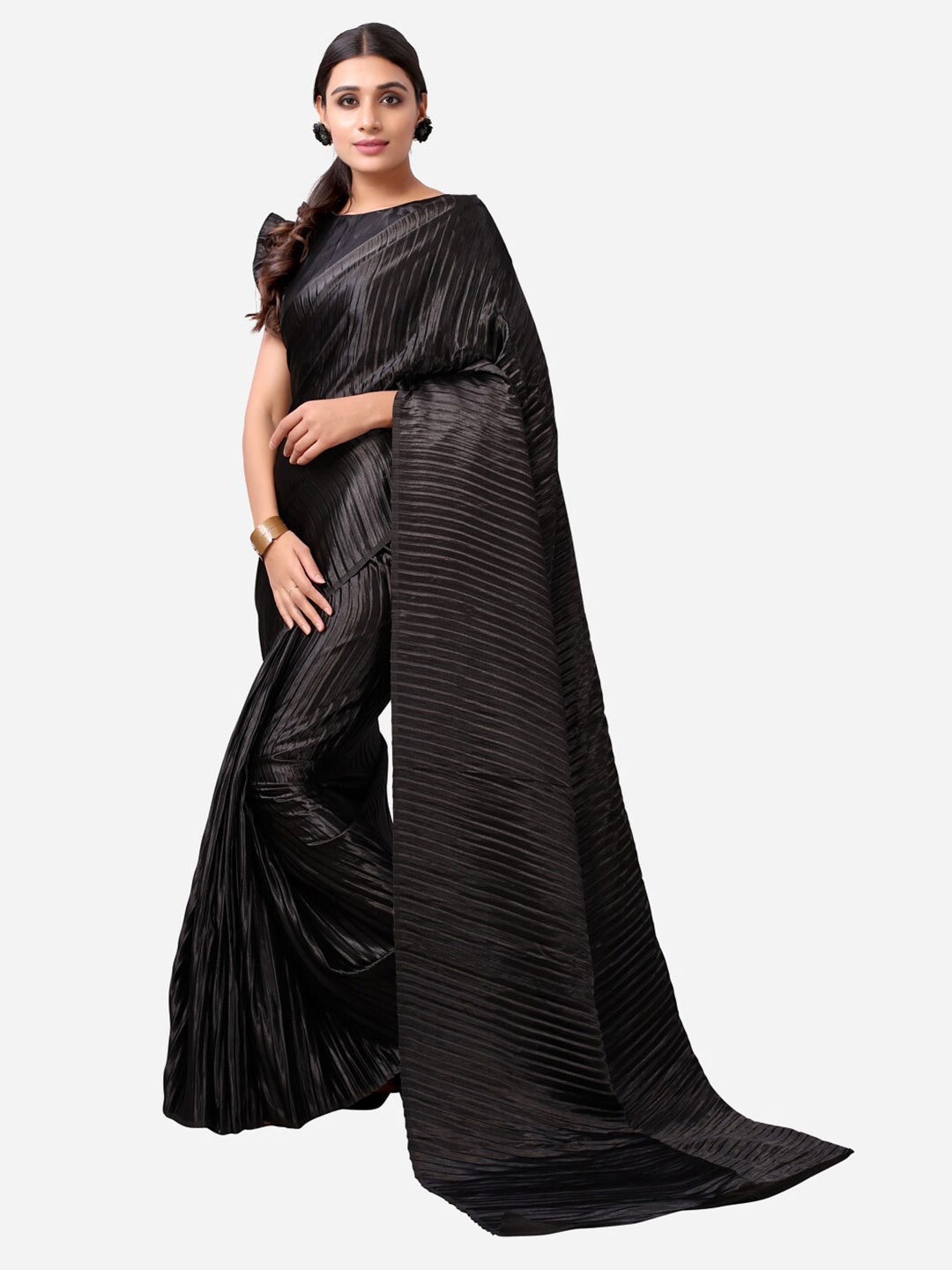 

Satrani Black Accordion Pleats Art Silk Saree