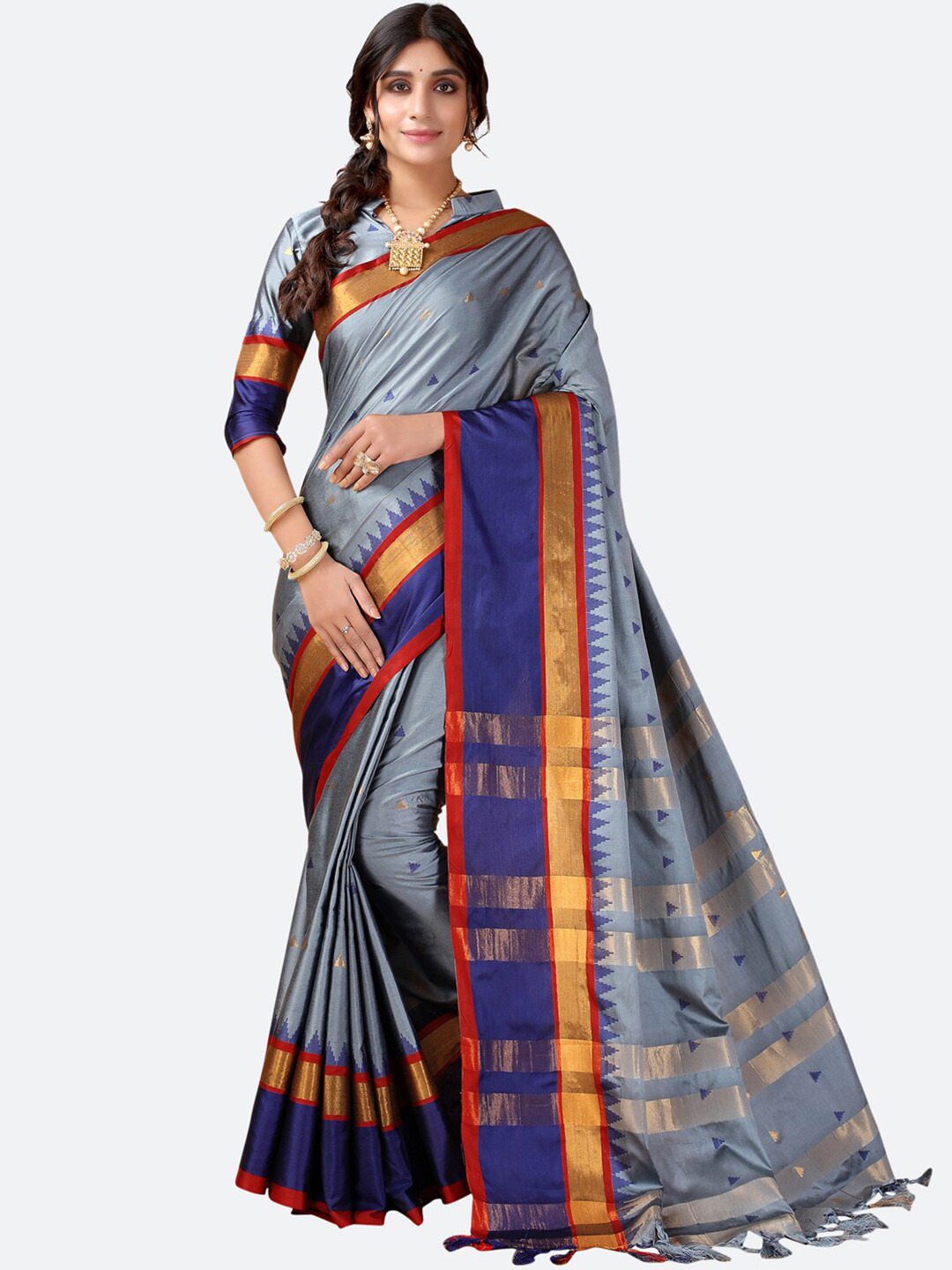 

Satrani Grey & Navy Blue Woven Design Narayan Peth Saree