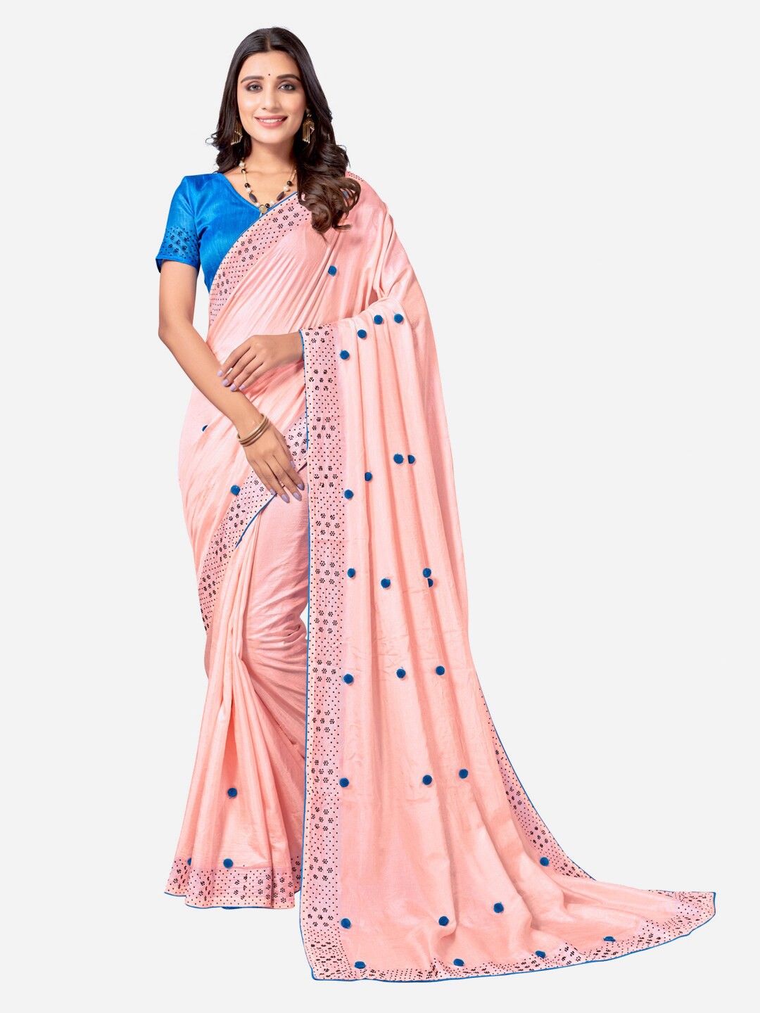 

Satrani Pink & Blue Poly Silk Mukaish Saree