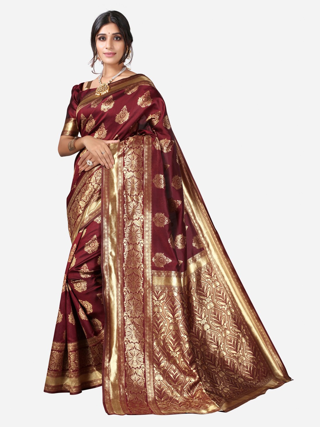 

Satrani Maroon & Golden Woven Design Zari Kanjeevaram Saree