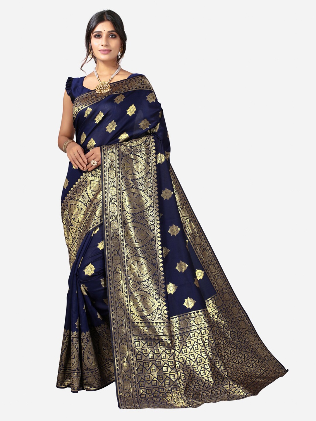 

Satrani Navy Blue & Gold-Toned Woven Design Zari Kanjeevaram Saree
