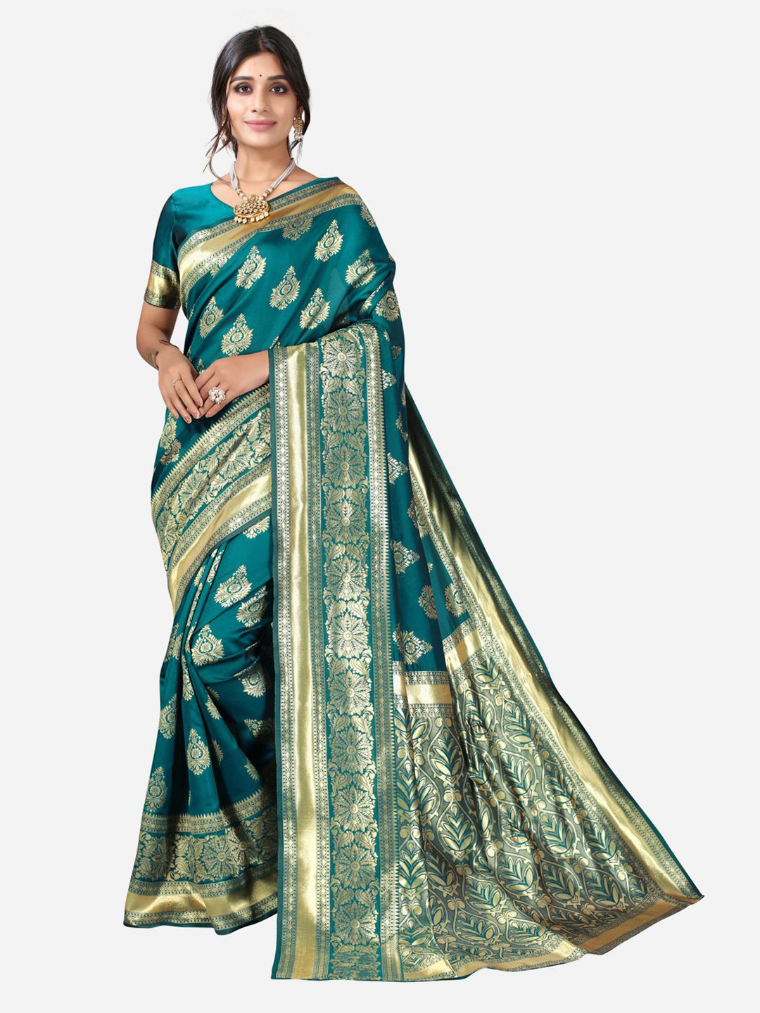 

Satrani Teal & Golden Ethnic Motifs Zari Kanjeevaram Saree