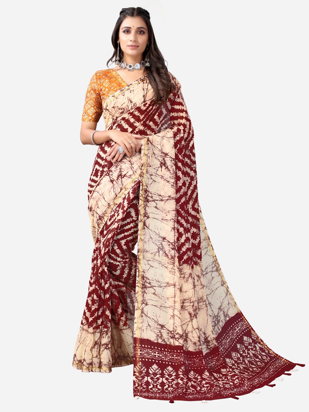 

Satrani Cream-Coloured & Maroon Ethnic Motifs Printed Polycotton Saree