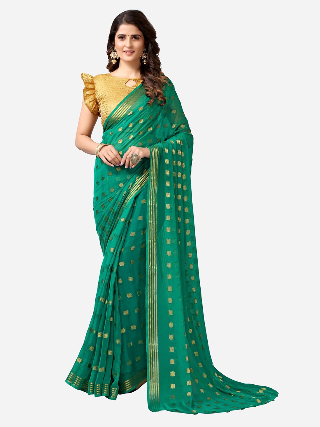 

Satrani Green & Golden Woven Design Zari Saree