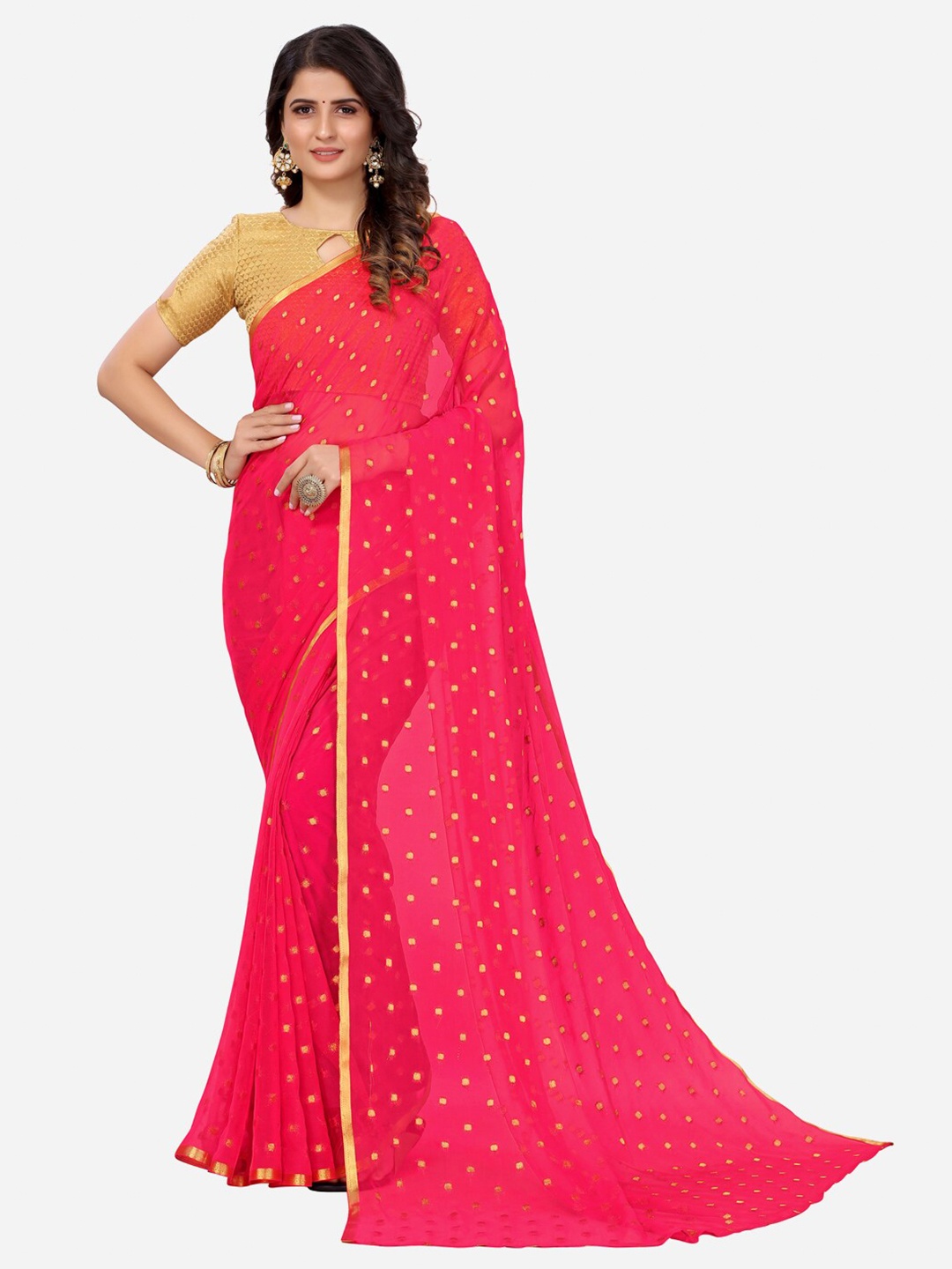 

Satrani Pink & Gold-Toned Woven Design Saree