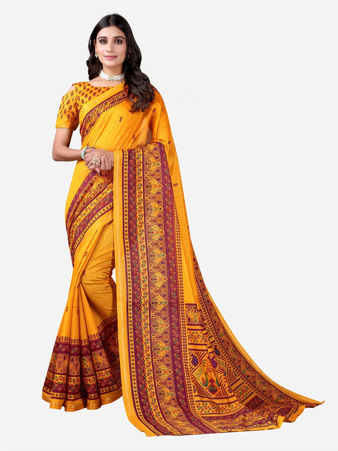 

Satrani Yellow & Purple Ethnic Motifs Printed Banarasi Saree