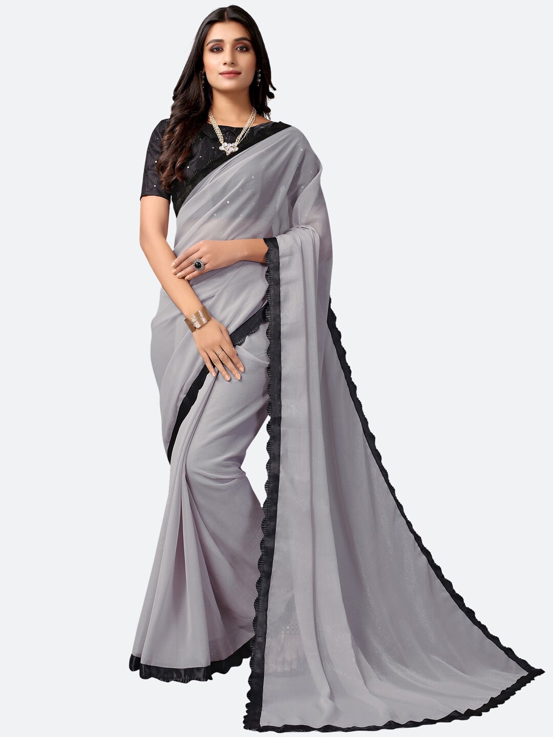 

Satrani Grey & Black Solid Poly Chiffon Saree