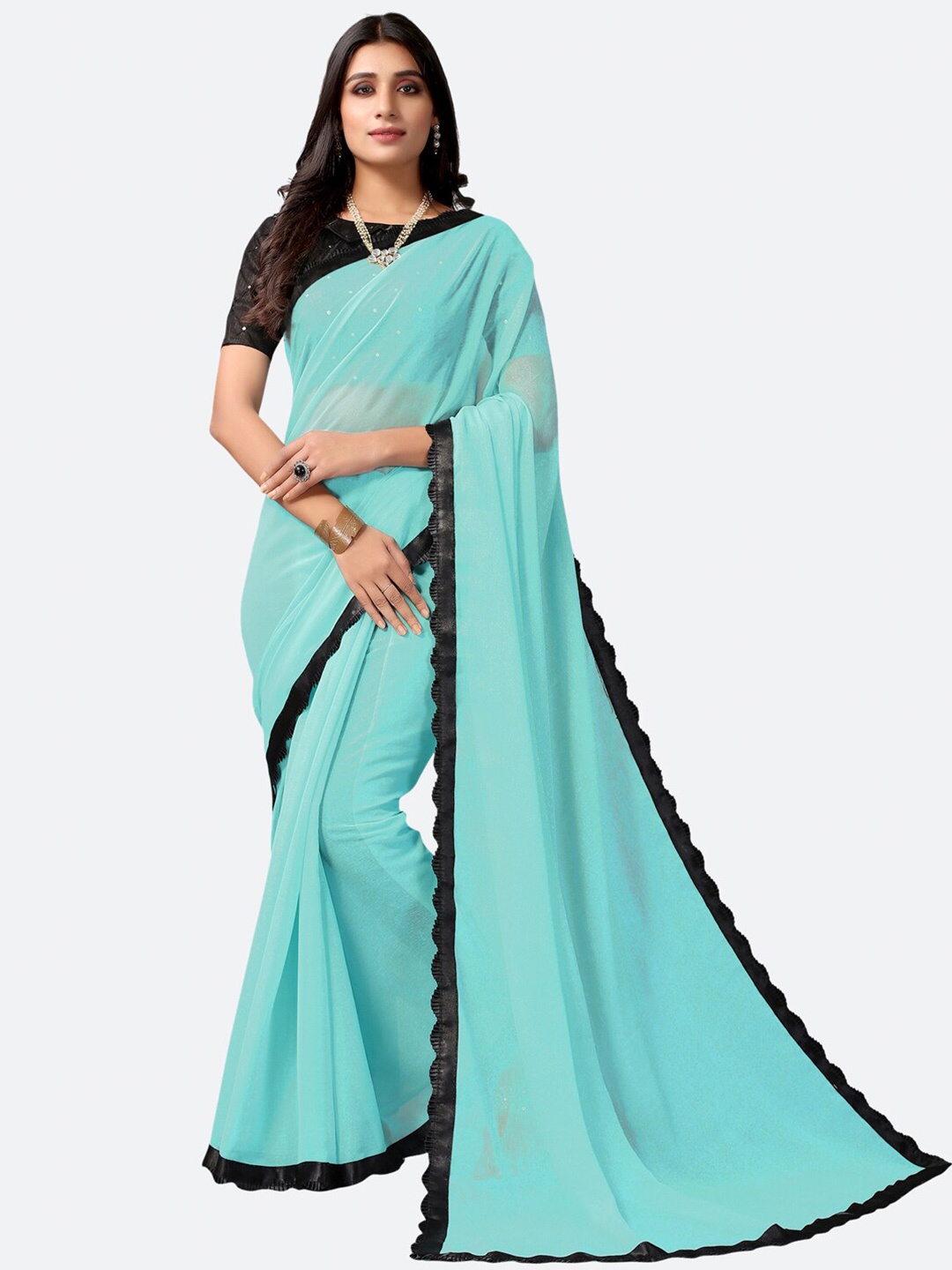 

Satrani Blue & Navy Blue Poly Chiffon Saree