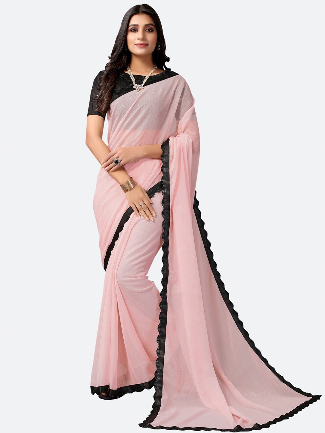 

Satrani Pink & Black Solid Saree