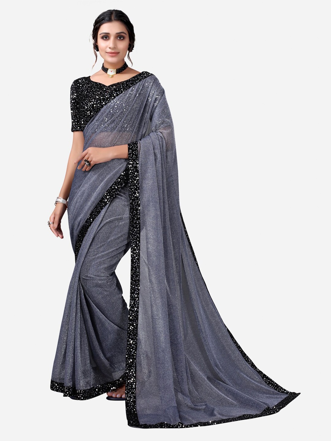 

Satrani Blue & Navy Blue Sequinned Art Silk Saree