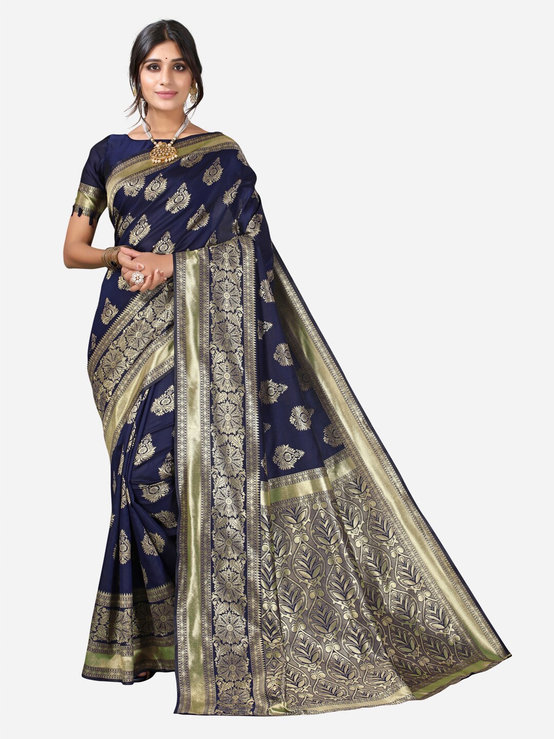 

Satrani Blue & Gold-Toned Woven Design Kanjeevaram Saree