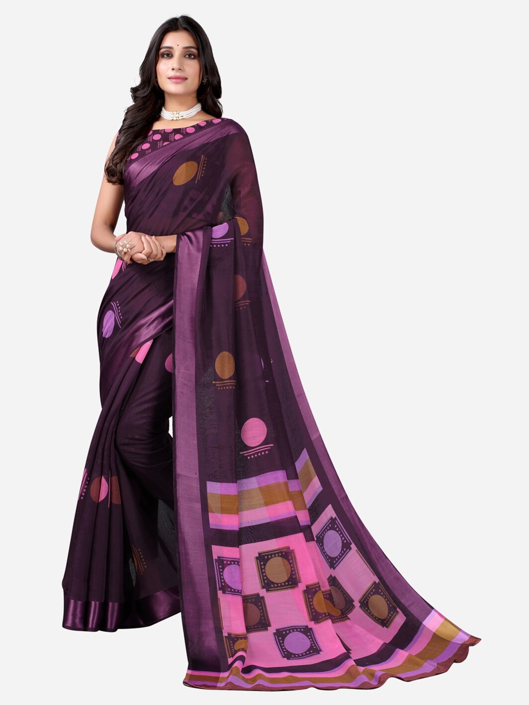 

Satrani Purple & Pink Printed Mangalagiri Saree