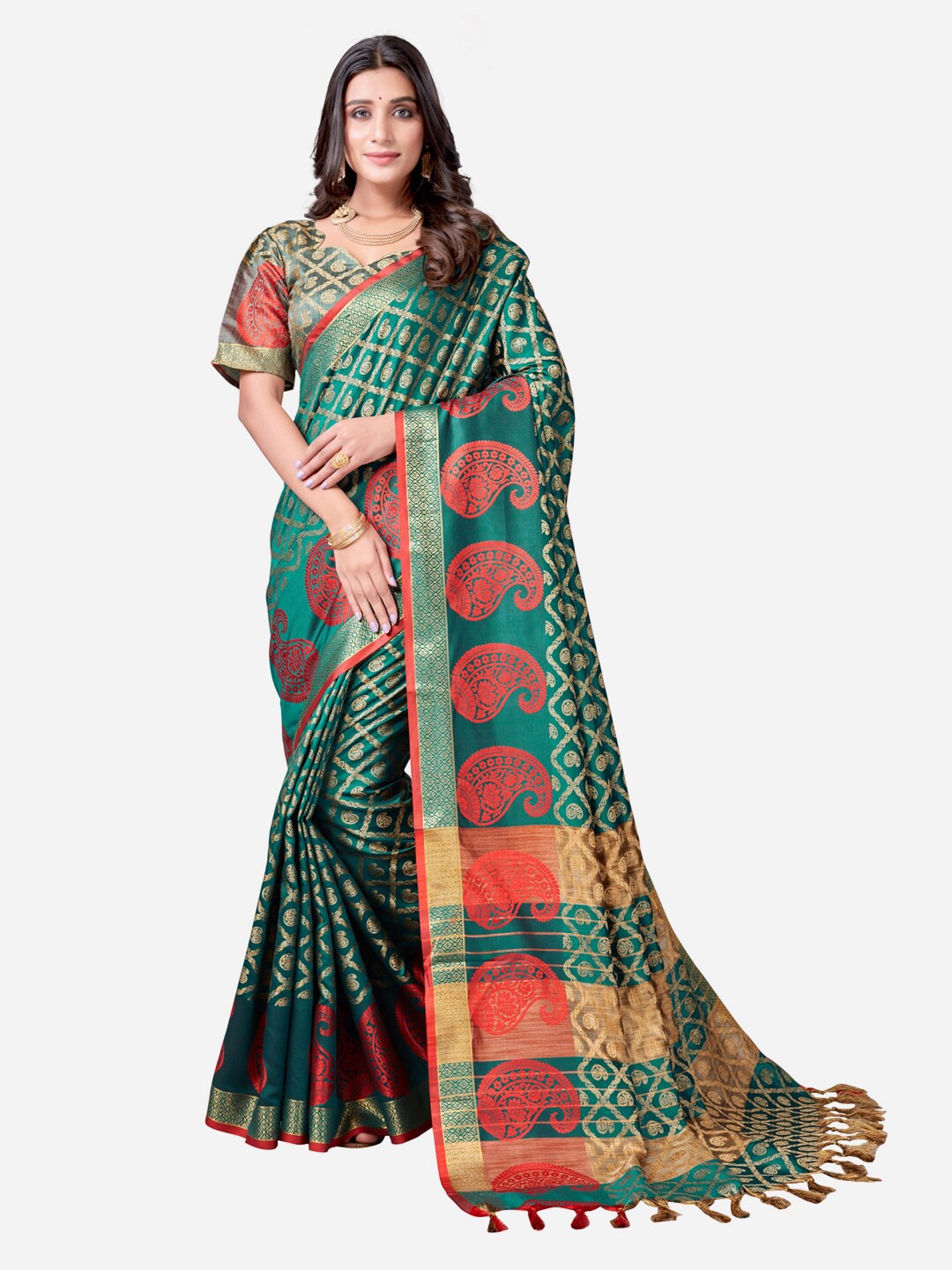 

Satrani Green & Orange Woven Design Gadwal Saree