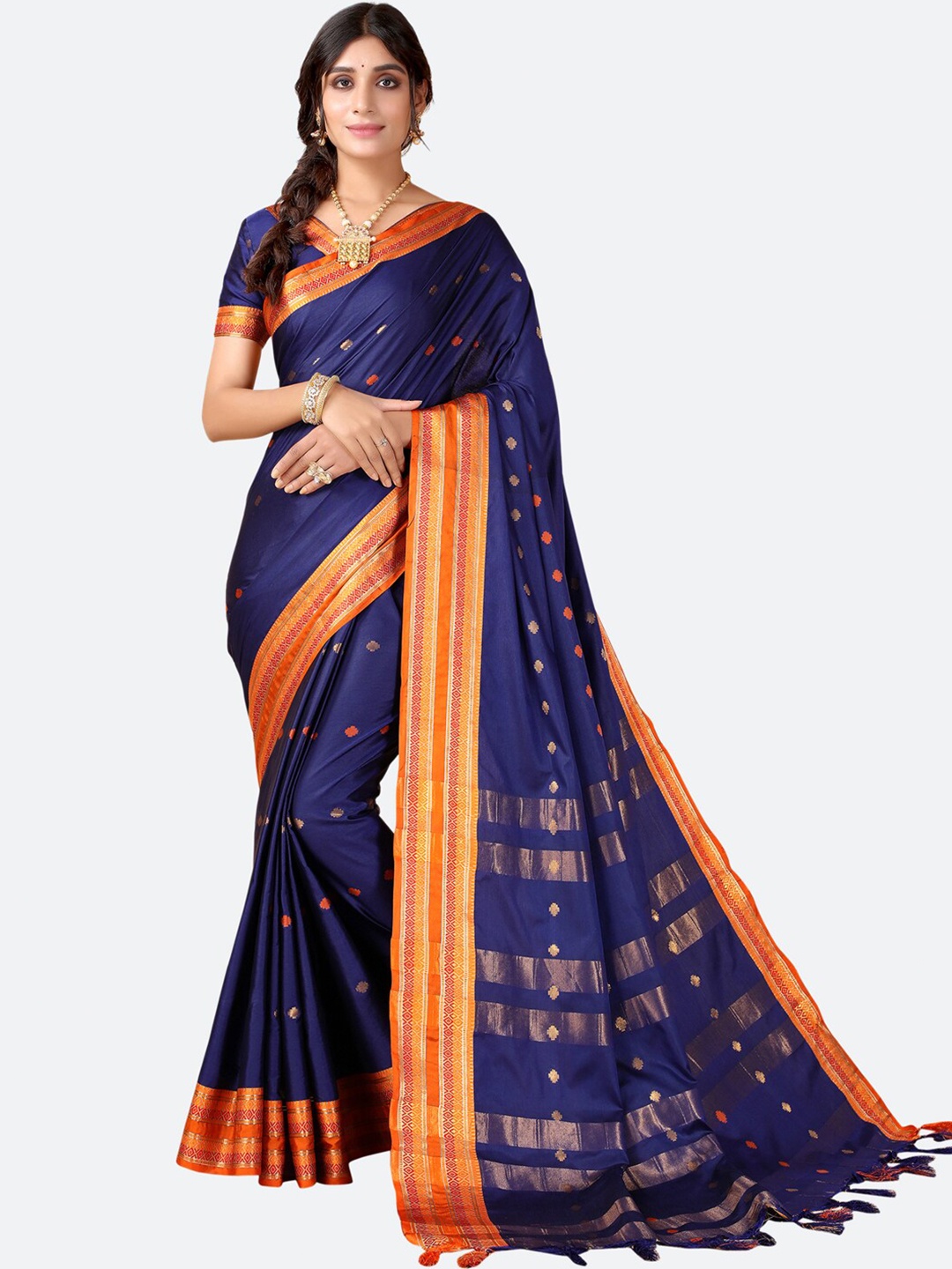 

Satrani Navy Blue & Orange Woven Design Zari Heavy Work Narayan Peth Saree
