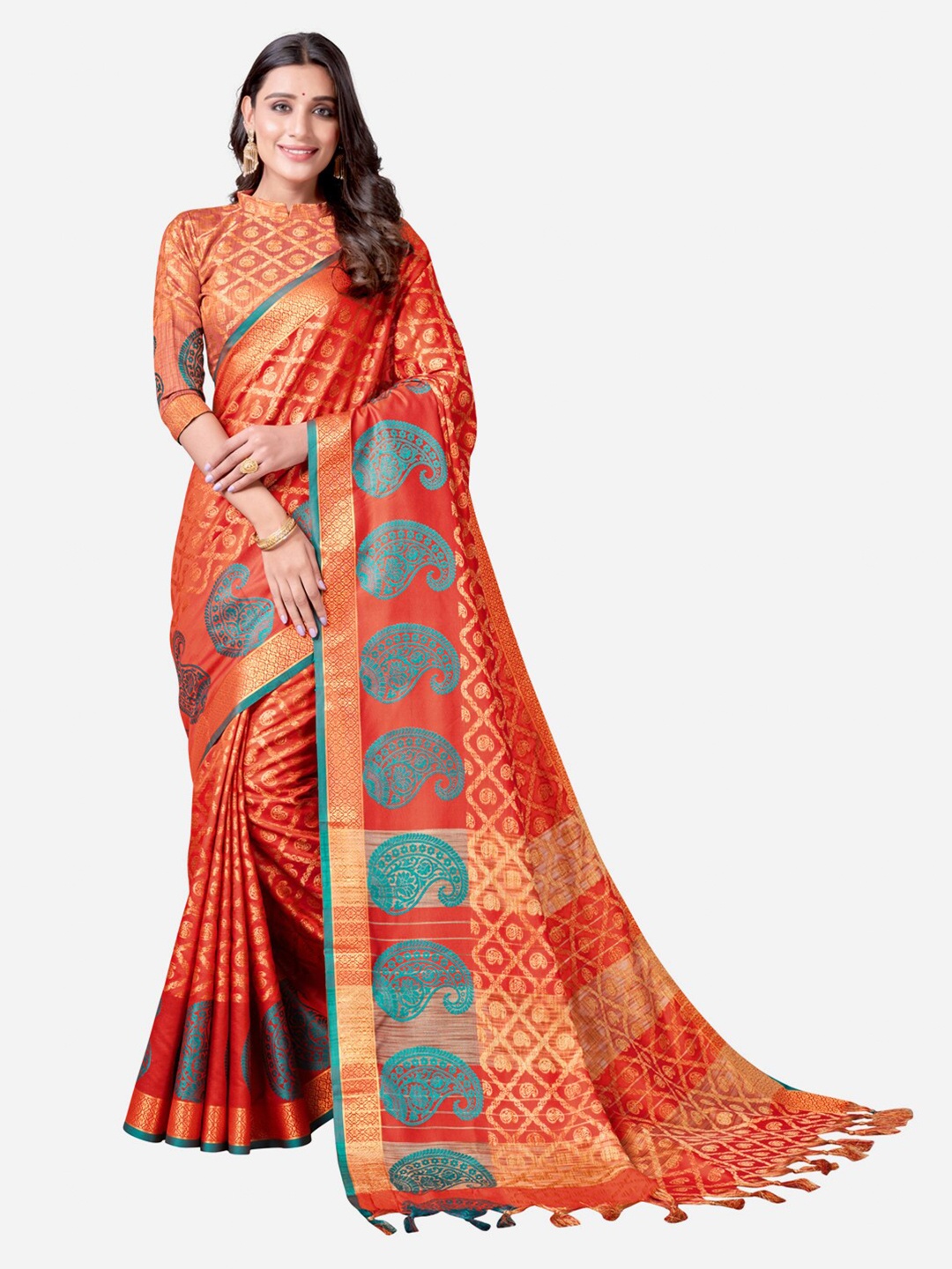 

Satrani Orange & Green Woven Design Zari Gadwal Saree