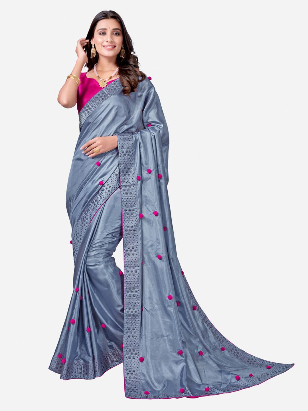 

Satrani Blue & Pink Embellished Saree