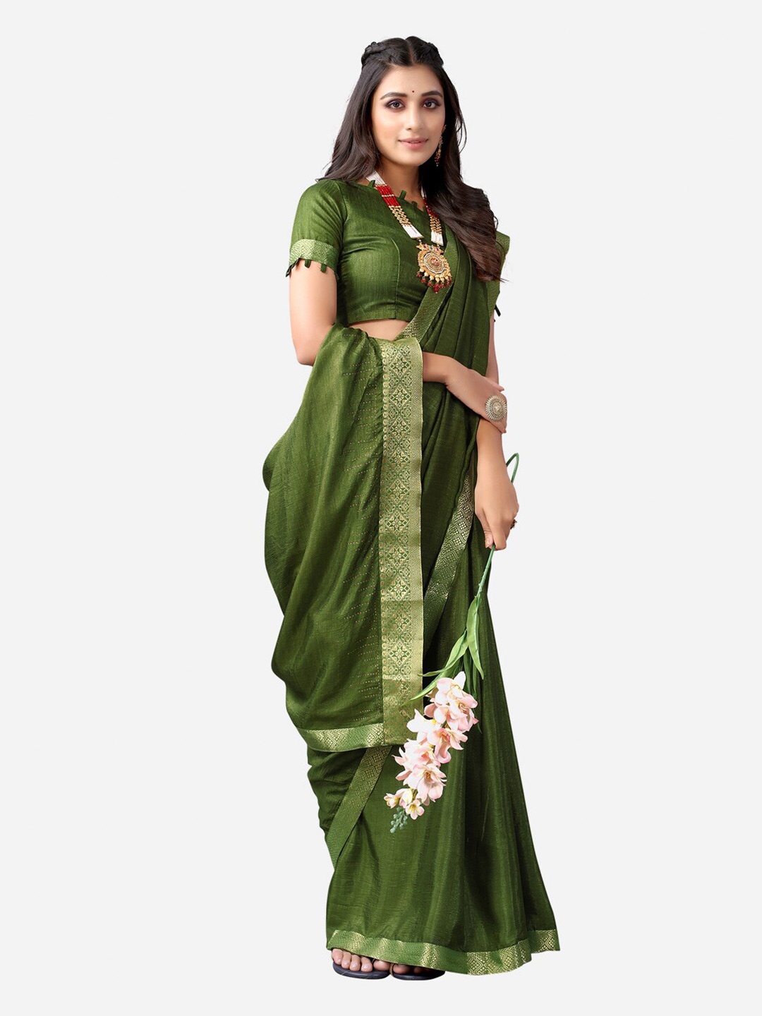 

Satrani Olive Green & Gold-Toned Poly Silk Saree