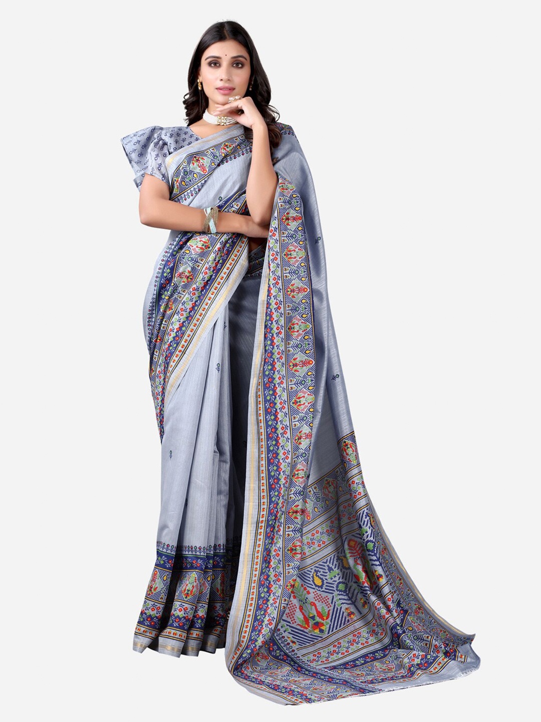 

Satrani Grey & Navy Blue Floral Printed Banarasi Saree