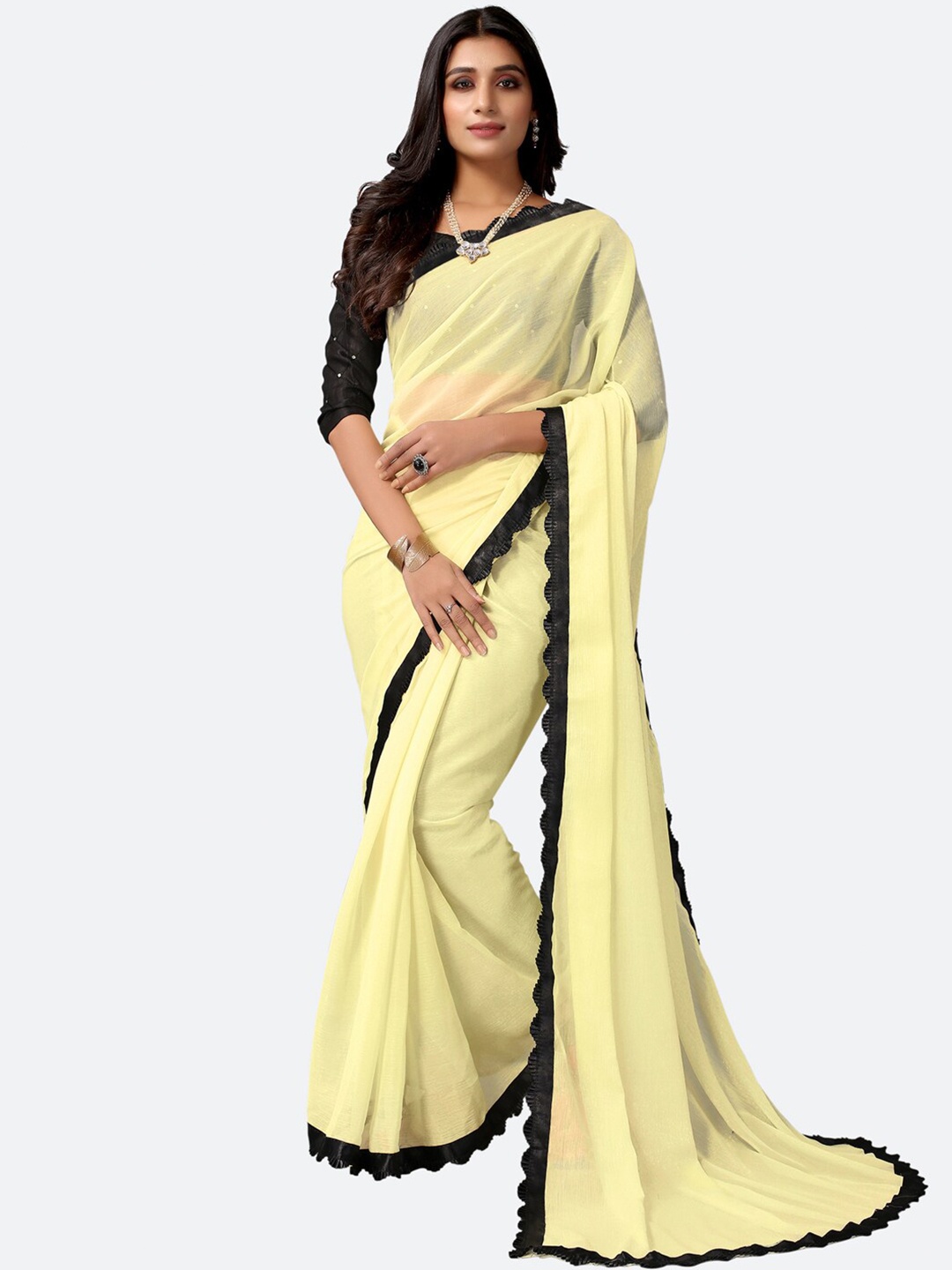 Satrani Yellow & Black Poly Chiffon Saree