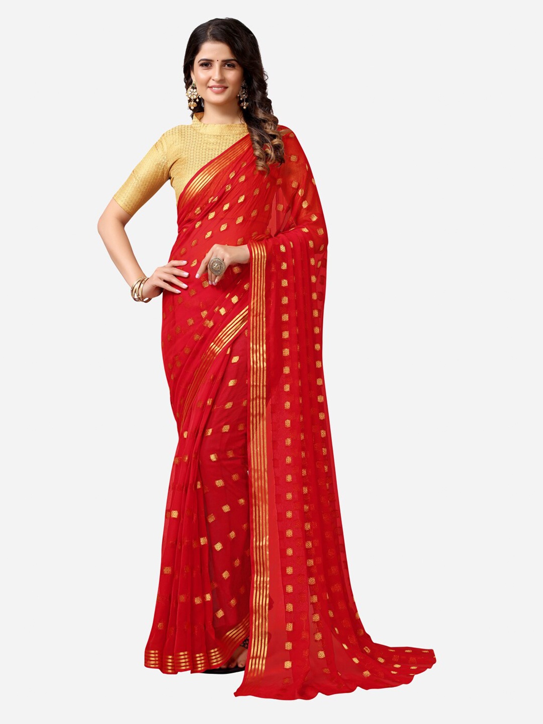 

Satrani Red & Gold-Toned Woven Design Saree
