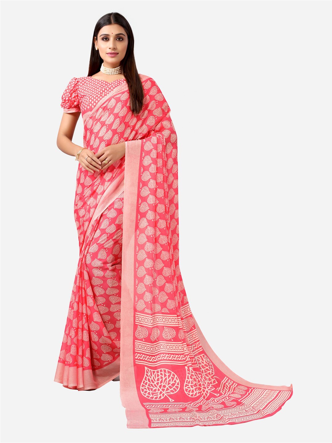 Satrani Pink & White Floral Printed Saree