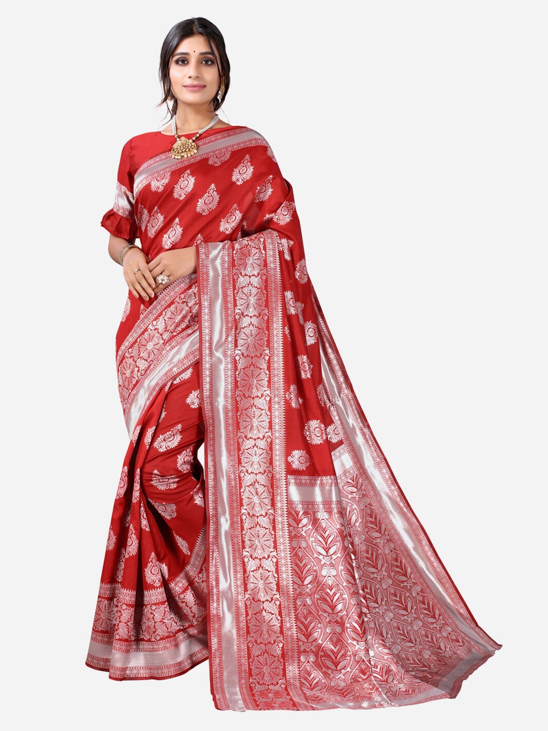 

Satrani Red & Silver-Toned Woven Design Zari Kanjeevaram Saree