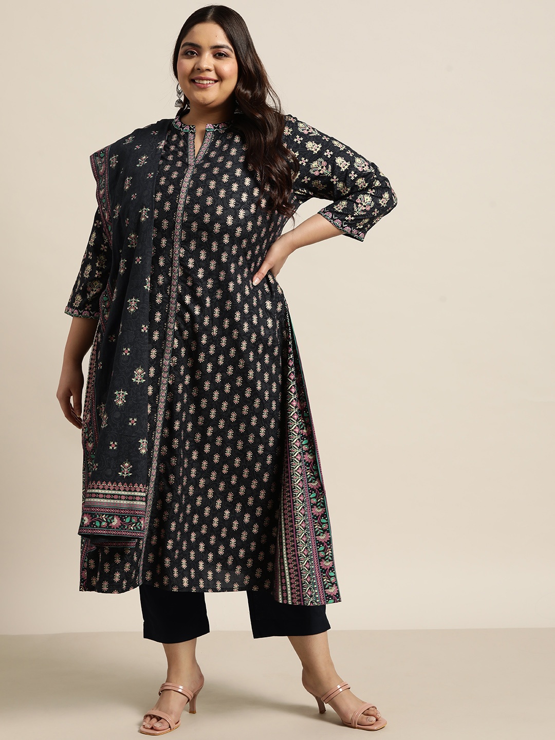 

Juniper Women Blue Floral Printed Pleated Kurta with Trousers & Dupatta