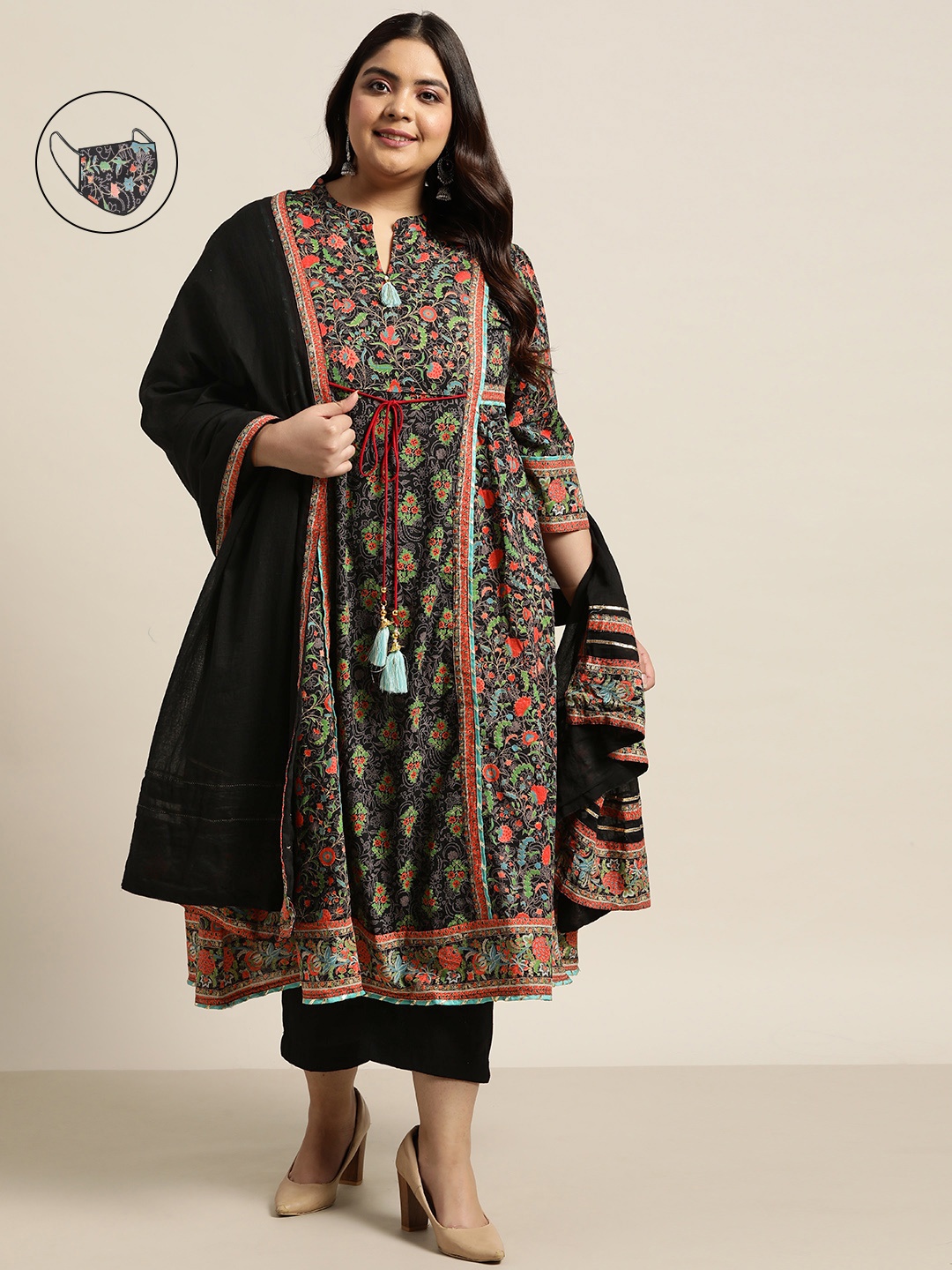 

Juniper Black Floral Printed Kurta with Trousers & Dupatta