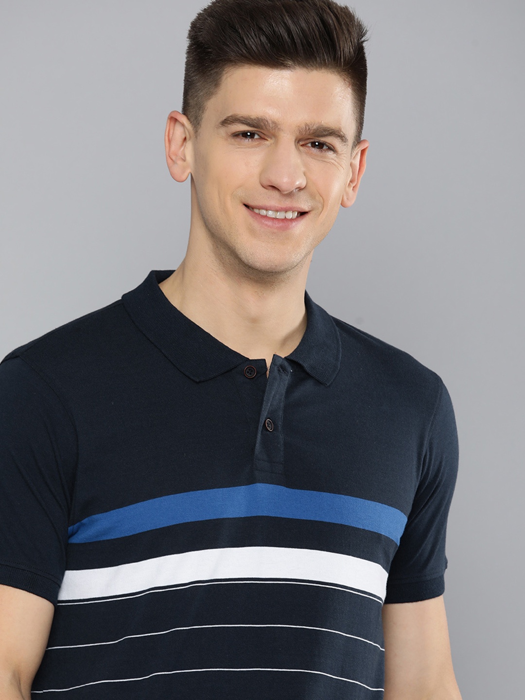 

Mast & Harbour Men Navy Blue & White Striped Polo Collar Pure Cotton T-shirt