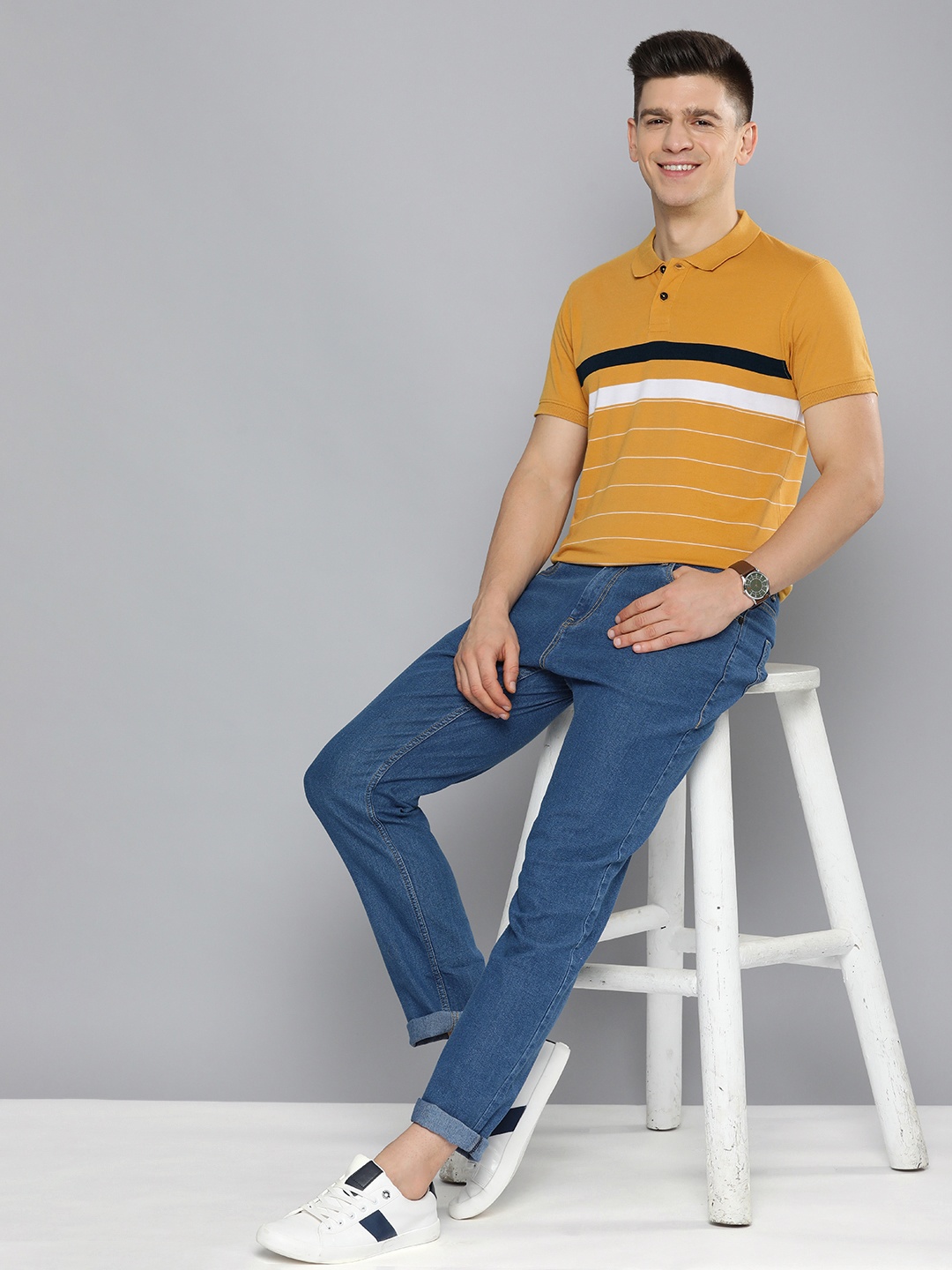 

Mast & Harbour Men Mustard Yellow & Navy Blue Striped Polo Collar T-shirt